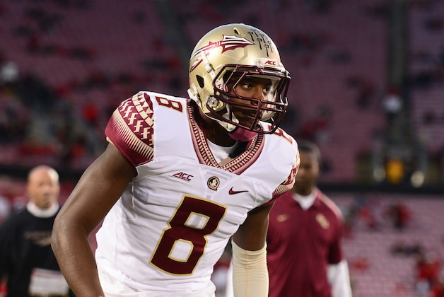 Oct 30, 2014; Louisville, KY, USA; Florida State Seminoles defensive back Jalen Ramsey (8) against the Louisville Cardinals at Papa John's Cardinal Stadium. Mandatory Credit: Andrew Weber-USA TODAY Sports