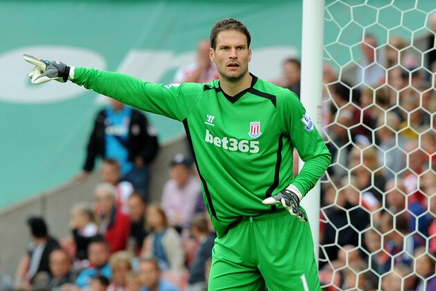 Stoke's Asmir Begovic during the English Premier League soccer match between Stoke City and Leicester City at the Britannia Stadium, in Stoke on Trent, England, Saturday, Sept. 13, 2014. (AP Photo/Rui Vieira)
