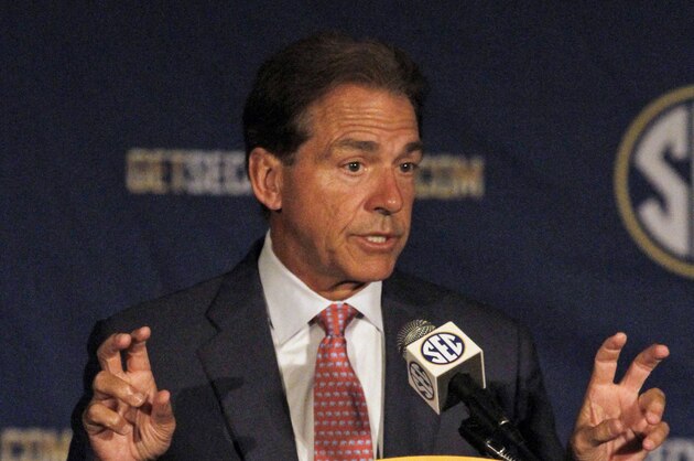 Alabama coach Nick Saban speaks to the media at the Southeastern Conference NCAA college football media days Thursday, July 17, 2014, in Hoover, Ala. (AP Photo/Butch Dill)