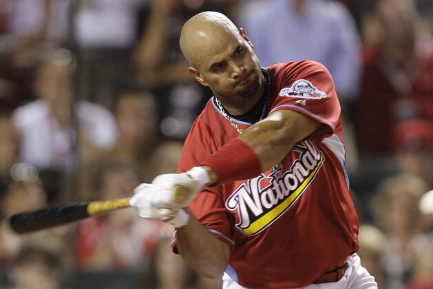 National League's Albert Pujols of the St. Louis Cardinals hits during the first round of the MLB baseball Home Run Derby in St. Louis, Monday, July 13, 2009. (AP Photo/Jeff Roberson) National League's Albert Pujols of the St. Louis Cardinals hits during the first round of the MLB baseball Home Run Derby in St. Louis, Monday, July 13, 2009. (AP Photo/Jeff Roberson)