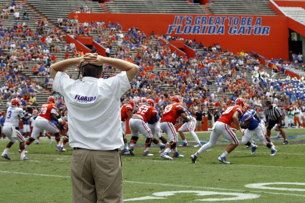 Apr 11, 2015; Gainesville, FL, USA; Florida Gators head coach Jim McElwain looks on during the first half at the Orange and Blue Debut at Ben Hill Griffin Stadium. Mandatory Credit: Kim Klement-USA TODAY Sports