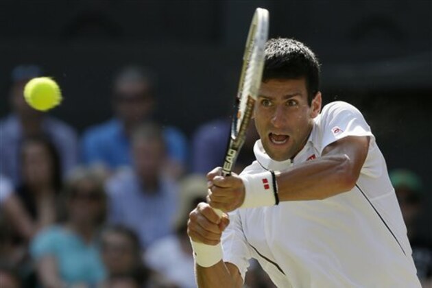 FILE - In this Friday, July 5, 2013 file photo, Novak Djokovic of Serbia returns to Juan Martin Del Potro of Argentina, during their Men's singles semifinal match at the All England Lawn Tennis Championships in Wimbledon, London. Defending champion Andy Murray has been seeded third for Wimbledon, two places above his current world ranking. Novak Djokovic was given the No. 1 seeding Wednesday, June 18, 2014, by the All England Club, moving up from his No. 2 ranking. The women's seedings stuck to the WTA rankings, with Serena Williams at No. 1, followed by Li Na, Simona Halep, Agnieszka Radwanska and Maria Sharapova. (AP Photo/Alastair Grant, File) FILE - In this Friday, July 5, 2013 file photo, Novak Djokovic of Serbia returns to Juan Martin Del Potro of Argentina, during their Men's singles semifinal match at the All England Lawn Tennis Championships in Wimbledon, London. Defending champion Andy Murray has been seeded third for Wimbledon, two places above his current world ranking. Novak Djokovic was given the No. 1 seeding Wednesday, June 18, 2014, by the All England Club, moving up from his No. 2 ranking. The women's seedings stuck to the WTA rankings, with Serena Williams at No. 1, followed by Li Na, Simona Halep, Agnieszka Radwanska and Maria Sharapova. (AP Photo/Alastair Grant, File)