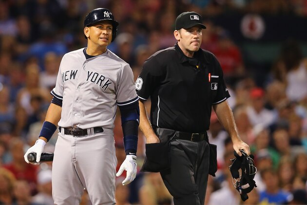 BOSTON, MA - JULY 11:  Alex Rodriguez #13 of the New York Yankees watches his foul ball during the sixth inning against the Boston Red Sox at Fenway Park on July 11, 2015 in Boston, Massachusetts.  (Photo by Maddie Meyer/Getty Images)