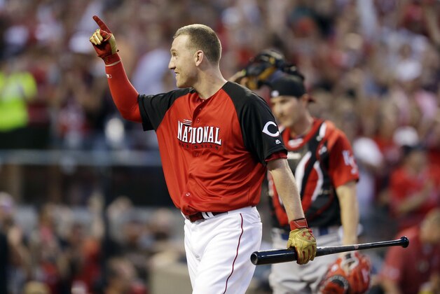 National League’s Todd Frazier, of the  Cincinnati Reds, reacts during the MLB All-Star baseball Home Run Derby, Monday, July 13, 2015, in Cincinnati. (AP Photo/Jeff Roberson)