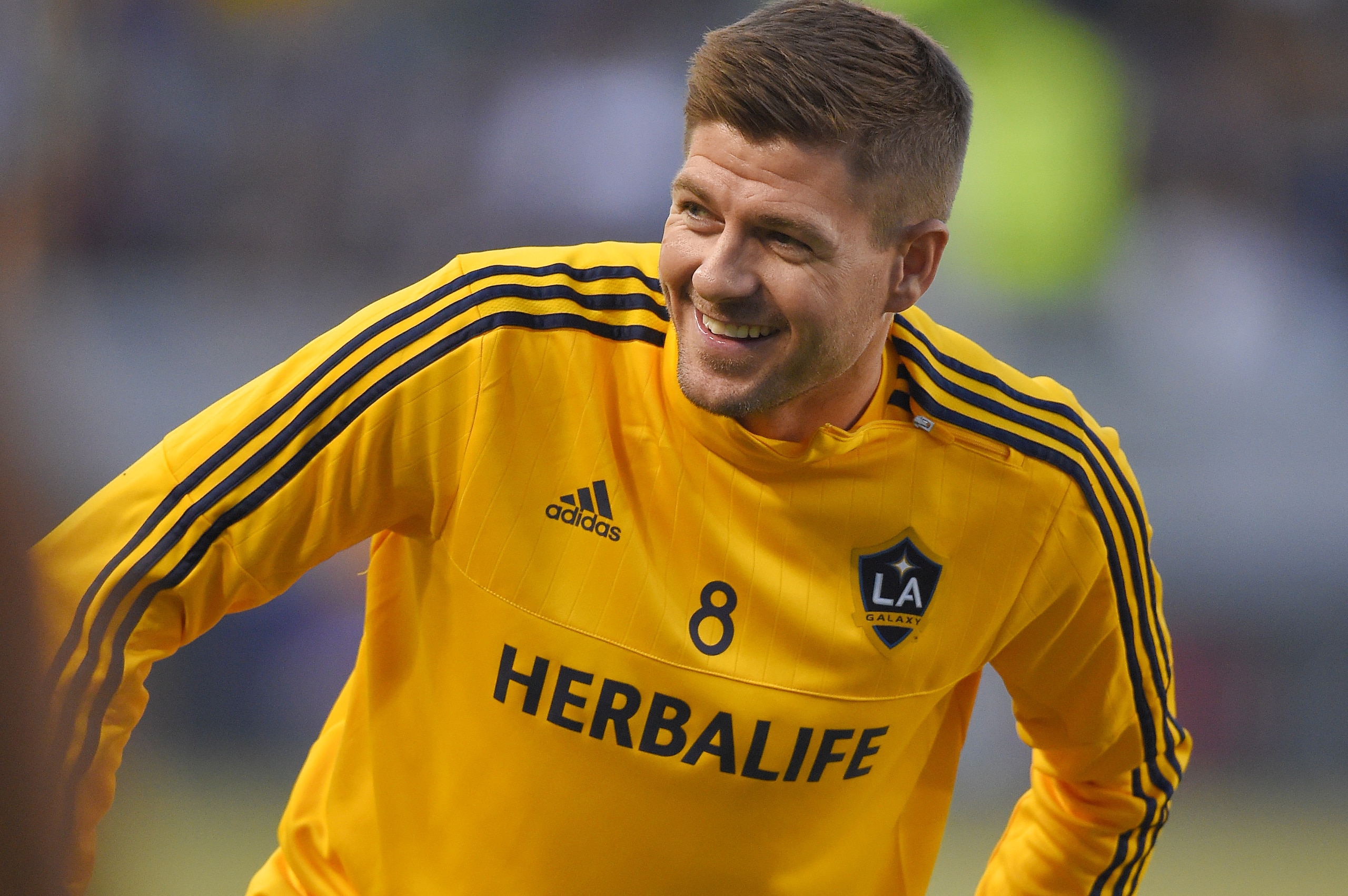 Los Angeles Galaxy midfielder Steven Gerrard, of England, stretches during warm ups prior to an International Champions Cup soccer match against Club America, Saturday, July 11, 2015, in Carson, Claif. (AP Photo/Mark J. Terrill)