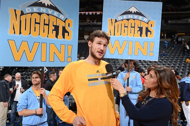 DENVER, CO - MARCH 9:  Danilo Gallinari #8 of the Denver Nuggets is interviewed after the game against the New York Knicks on March 9, 2015 at the Pepsi Center in Denver, Colorado. NOTE TO USER: User expressly acknowledges and agrees that, by downloading and/or using this Photograph, user is consenting to the terms and conditions of the Getty Images License Agreement. Mandatory Copyright Notice: Copyright 2015 NBAE (Photo by Garrett Ellwood/NBAE via Getty Images)