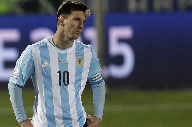 Argentina's Lionel Messi looks on after the Copa America final game agains Chile at the National Stadium in Santiago, Chile, Saturday, July 4, 2015. Chile's goalkeeper Claudio Bravo made a save and striker Alexis Sanchez converted the winning penalty as host Chile defeated Argentina 4-1 in a shootout after a 0-0 draw in the Copa America final.(AP Photo/Natacha Pisarenko)