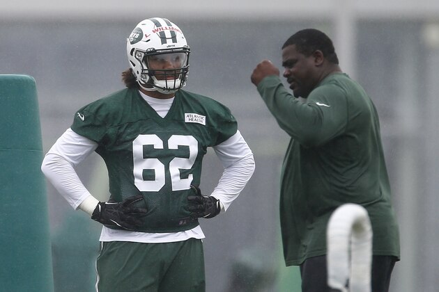 New York Jets defensive lineman Leonard Williams (62) listens to defensive line coach Pepper Johnson during practice at the team's NFL football rookie minicamp, Saturday, May 9, 2015, in Florham Park, N.J. (AP Photo/Rich Schultz)