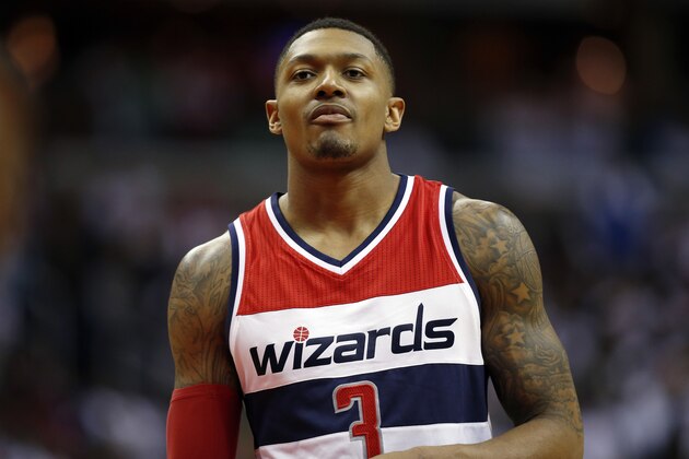 Washington Wizards guard Bradley Beal (3) pauses in the second half of Game 3 in the first round of the NBA basketball playoffs against the Toronto Raptors, Friday, April 24, 2015, in Washington. The Wizards won 106-99. (AP Photo/Alex Brandon)