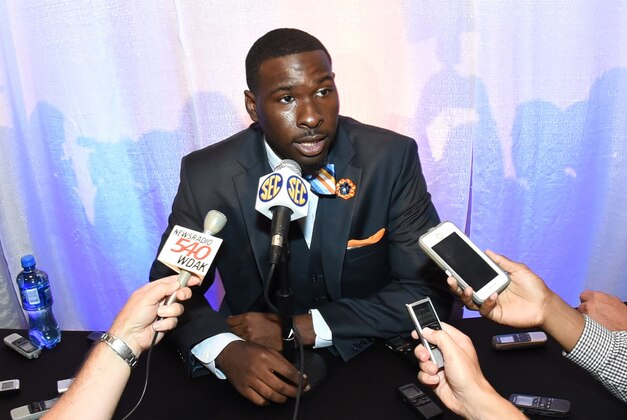 Jul 13, 2015; Hoover, AL, USA; Auburn quarterback Jeremy Johnson talks to the media during SEC media days at the Wynfrey Hotel. Mandatory Credit: Kelly Lambert-USA TODAY Sports