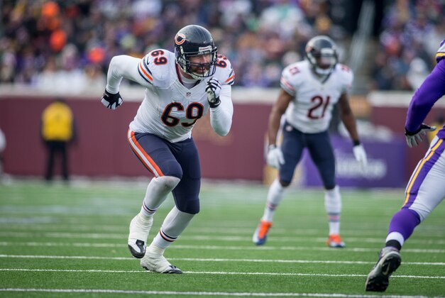 Dec 28, 2014; Minneapolis, MN, USA; Chicago Bears defensive end Jared Allen (69) rushes against the  Minnesota Vikings in the second quarter at TCF Bank Stadium. The Vikings win 13-9. Mandatory Credit: Bruce Kluckhohn-USA TODAY Sports