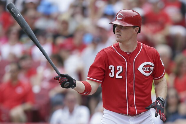 Cincinnati Reds' Jay Bruce bats in the seventh inning of a baseball game against the San Diego Padres, Sunday, June 7, 2015, in Cincinnati. The Reds won 4-0. (AP Photo/John Minchillo)