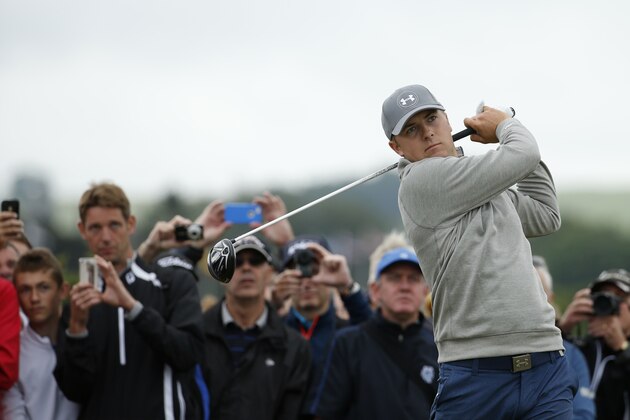 United States’ Jordan Spieth follows his drive from the fourth tee during a practice round at the British Open Golf Championship at the Old Course, St. Andrews, Scotland, Tuesday, July 14, 2015. (AP Photo/Jon Super)