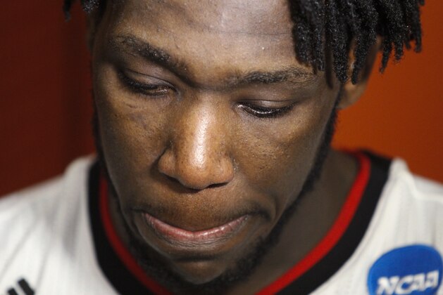 Louisville's Montrezl Harrell responds to questions during a news interview after the East Regional final against Michigan State in the NCAA men's college basketball tournament Sunday, March 29, 2015, in Syracuse, N.Y. Michigan State won 76-70. (AP Photo/Nick Lisi)