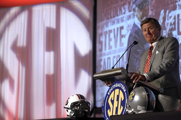 South Carolina coach Steve Spurrier speaks to the media at the Southeastern Conference NCAA college football media days, Tuesday, July 14, 2015, in Hoover, Ala. (AP Photo/Butch Dill)