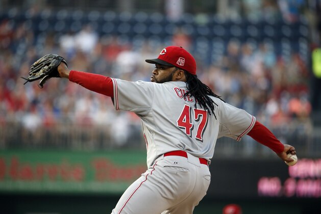 Cincinnati Reds starting pitcher Johnny Cueto (47) throws during the first inning of a baseball game against the Washington Nationals at Nationals Park, Tuesday, July 7, 2015, in Washington. (AP Photo/Alex Brandon)