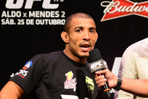 Oct 24, 2014; Rio de Janeiro, BRAZIL; Jose Aldo of Brazil is interviewed during weigh-ins for UFC 179 at Ginasio do Maracanazinho. Mandatory Credit: Jason Silva-USA TODAY Sports
