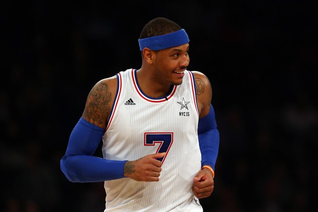 NEW YORK, NY - FEBRUARY 15:  Carmelo Anthony #7 of the New York Knicks and the Eastern Conference reacts during the 2015 NBA All-Star Game at Madison Square Garden on February 15, 2015 in New York City.  NOTE TO USER: User expressly acknowledges and agrees that, by downloading and/or using this photograph, user is consenting to the terms and conditions of the Getty Images License Agreement.  (Photo by Elsa/Getty Images)