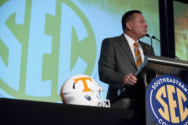 Tennessee coach Butch Jones speaks to the media at the Southeastern Conference NCAA college football media days, Tuesday, July 14, 2015, in Hoover, Ala. (AP Photo/Brynn Anderson)