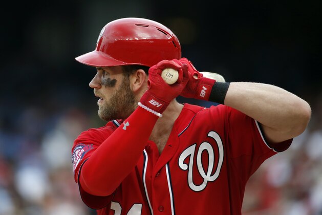 Washington Nationals right fielder Bryce Harper (34) bats during a baseball game against the Pittsburgh Pirates at Nationals Park, Saturday, June 20, 2015, in Washington. (AP Photo/Alex Brandon)