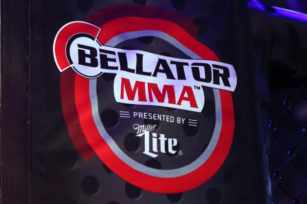 A Bellator MMA and Spike TV logo are seen at Bellator 134 on Friday, Feb. 27, 2015, in Uncasville, CT.   (AP Photo/Gregory Payan)