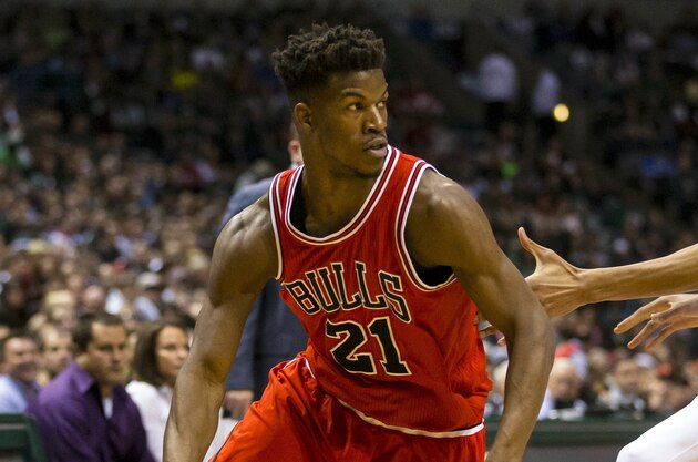Apr 30, 2015; Milwaukee, WI, USA; Chicago Bulls guard Jimmy Butler (21) during the game against the Milwaukee Bucks in game six of the first round of the NBA Playoffs at BMO Harris Bradley Center.  Chicago won 120-66.  Mandatory Credit: Jeff Hanisch-USA TODAY Sports