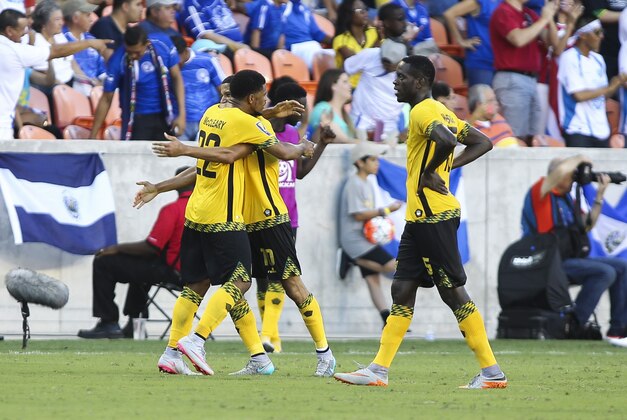 Jul 11, 2015; Houston, TX, USA; Members of Jamaica celebrate after scoring a goal in stoppage time against Canada during CONCACAF Gold Cup group play at BBVA Compass Stadium. Jamaica defeated Canada 1-0. Mandatory Credit: Troy Taormina-USA TODAY Sports