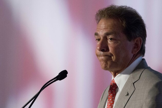 Alabama coach Nick Saban speaks to the media at the Southeastern Conference NCAA college football media days, Wednesday, July 15, 2015, in Hoover, Ala. (AP Photo/Brynn Anderson)