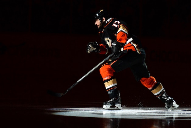 Mar 15, 2015; Anaheim, CA, USA; Anaheim Ducks center Ryan Kesler (17) skates out onto the ice before the game against the Nashville Predators at Honda Center. Mandatory Credit: Jake Roth-USA TODAY Sports