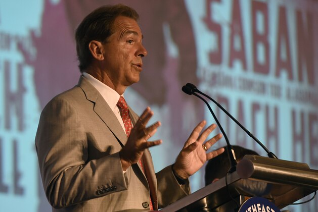 Jul 15, 2015; Birmingham, AL, USA; Alabama Crimson Tide head coach Nick Saban speaks to media during SEC media day at the Wynfrey Hotel. Mandatory Credit: Shanna Lockwood-USA TODAY Sports