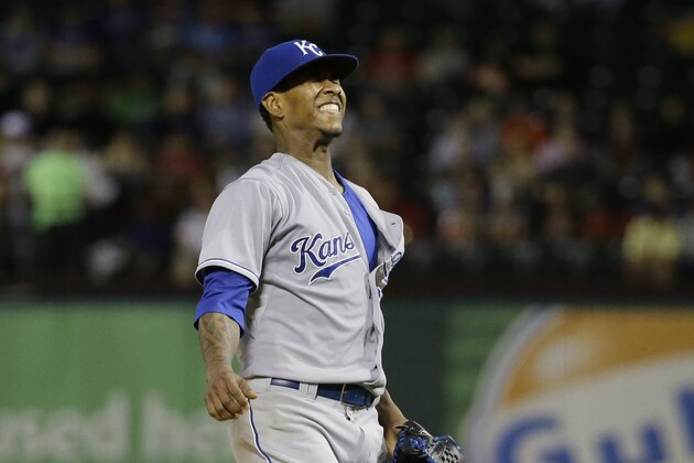 Kansas City Royals starting pitcher Yordano Ventura reacts to a call during a baseball game against the Texas Rangers in Arlington, Texas, Wednesday, May 13, 2015. (AP Photo/LM Otero)