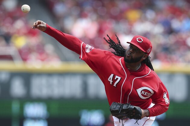 Cincinnati Reds starting pitcher Johnny Cueto throws in the second inning of a baseball game against the Minnesota Twins, Wednesday, July 1, 2015, in Cincinnati. (AP Photo/John Minchillo)