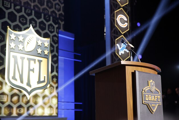 Stage for the first round of the 2015 NFL Draft at the Auditorium Theater of Roosevelt University is seen, Thursday, April 30, 2015, in Chicago. (AP Photo/Charles Rex Arbogast)