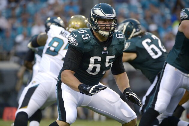 ADVANCE FOR WEEKEND EDITIONS OF DEC. 14-15 - FILE - In an Aug. 24, 2013, file photo Philadelphia Eagles offensive tackle Lane Johnson (65) sets up to block at the line of scrimmage during the first half of an NFL preseason football game against the Jacksonville Jaguars in Jacksonville, Fla.  Jason Peters, Evan Mathis, Jason Kelce, Todd Herremans and Lane Johnson don't get much recognition, but coaches and teammates credit the big guys upfront for helping  the offense lead the NFL in rushing. (AP Photo/Phelan M. Ebenhack, file)