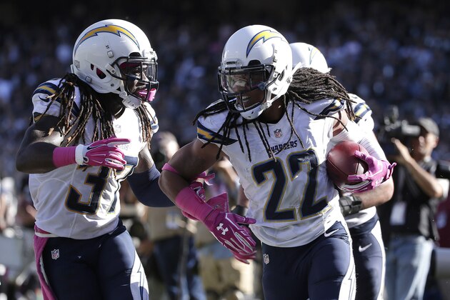 San Diego Chargers cornerback Jason Verrett (22) is congratulated by defensive back Jahleel Addae (37) after intercepting Oakland Raiders quarterback Derek Carr during the fourth quarter of an NFL football game in Oakland, Calif., Sunday, Oct. 12, 2014. (AP Photo/Marcio Jose Sanchez)