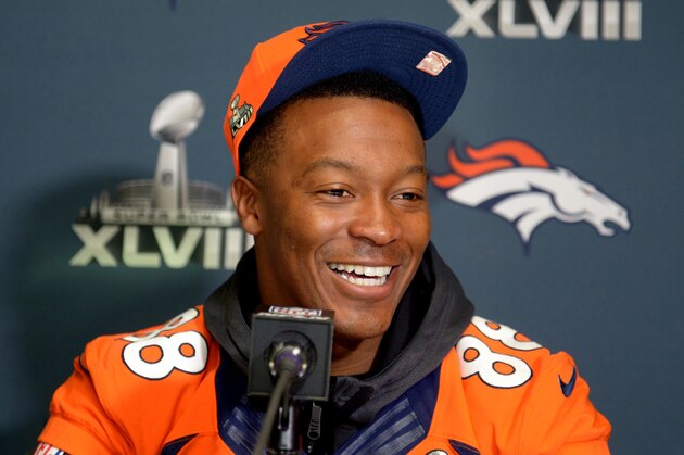 Jan 30, 2014; Jersey City, NJ, USA; Denver Broncos receiver Demaryius Thomas (88) at a press conference in advance of Super Bowl XLVIII on the Cornucopia Majesty yacht on the Hudson River. Mandatory Credit: Kirby Lee-USA TODAY Sports