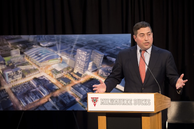 Milwaukee Bucks President Peter Feigin speaks at a press conference where a new arena proposal was announced Wednesday, April. 7, 2015, in Milwaukee. (AP Photo/Jeffrey Phelps) Milwaukee Bucks President Peter Feigin speaks at a press conference where a new arena proposal was announced Wednesday, April. 7, 2015, in Milwaukee. (AP Photo/Jeffrey Phelps)