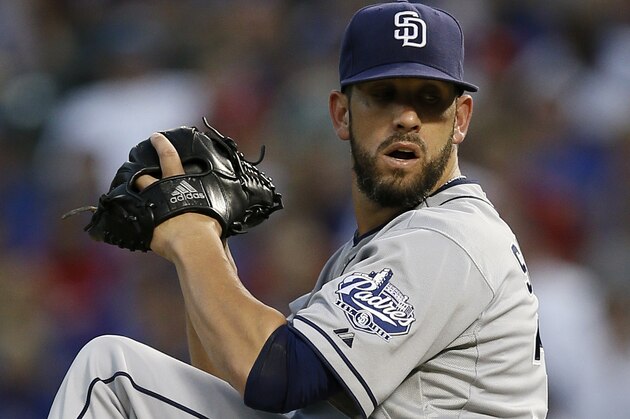 San Diego Padres' James Shields works against the Texas Rangers in the fifth inning of an interleague baseball game Saturday, July 11, 2015, in Arlington, Texas. (AP Photo/Tony Gutierrez)