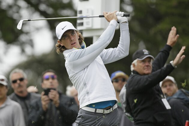 Tommy Fleetwood, of England, hits from the second tee of TPC Harding Park against Danny Willett, of England, in the quarterfinals of the Match Play Championship golf tournament Saturday, May 2, 2015, in San Francisco. (AP Photo/Eric Risberg)
