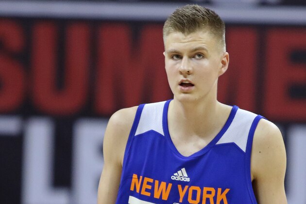New York Knicks' Kristaps Porzingis plays in an NBA summer league basketball game against San Antonio Spurs Saturday, July 11, 2015, in Las Vegas. New York Knicks won 78-73. (AP Photo/Ronda Churchill)