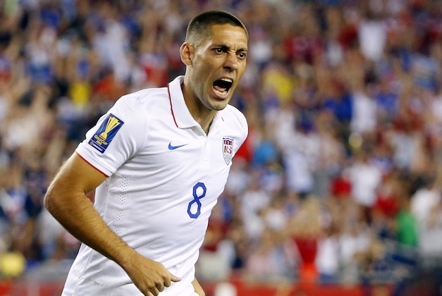 Jul 10, 2015; Foxborough, MA, USA; United States forward Clint Dempsey (8) celebrates his goal against Haiti during the second half of  CONCACAF Gold Cup group play at Gillette Stadium. Mandatory Credit: Winslow Townson-USA TODAY Sports