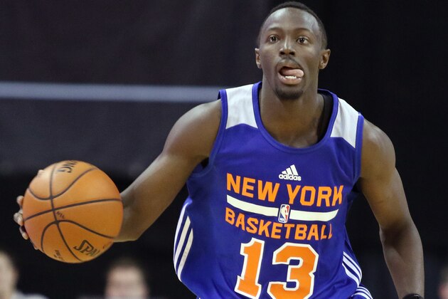 New York Knicks' Jerian Grant dribbles the ball during the second half of an NBA summer league basketball game against the San Antonio Spurs Saturday, July 11, 2015, in Las Vegas. New York won 78-73. (AP Photo/Ronda Churchill)