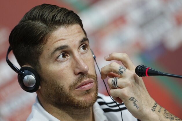 Real Madrid’s Sergio Ramos attends a press conference at the Club World Cup soccer tournament in Marrakech, Morocco, Friday, Dec. 19, 2014.  Real Madrid will play against San Lorenzo during their final game in Marrakech on Saturday, Dec. 20. (AP Photo/Abdeljalil Bounhar)