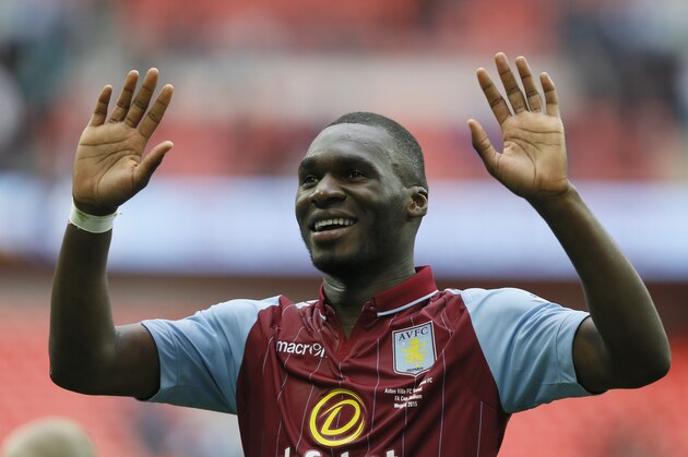 Aston Villa’s Christian Benteke celebrates after the end of the  English FA Cup semifinal soccer match between Liverpool and  Aston Villa at Wembley Stadium in London, Sunday, April 19, 2015. Aston Villa won the game 2-1.(AP Photo/Kirsty Wigglesworth)