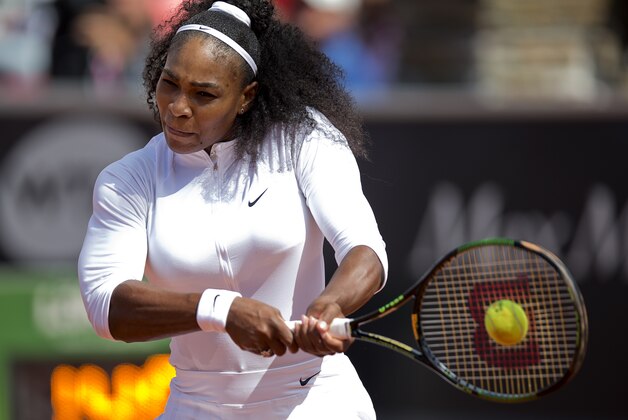 Serena Williams from the US plays her opening match against Ysaline Bonaventure of Belgium,  at the Swedish Open in Bastad, Sweden, Wednesday, July 15, 2015. Williams won 6—2, 6—1. (Adam Ihse, TT News Agency via AP)