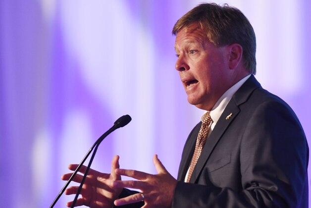 Jul 13, 2015; Hoover, AL, USA; Florida Gators football coach Jim McElwain fields questions during SEC media days at the Wynfrey Hotel. Mandatory Credit: Kelly Lambert-USA TODAY Sports