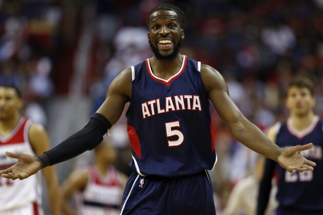Atlanta Hawks forward DeMarre Carroll (5) reacts after a foul call in the first half of Game 4 of the second round of the NBA basketball playoffs Monday, May 11, 2015, in Washington. The Hawks won 106-101. (AP Photo/Alex Brandon)