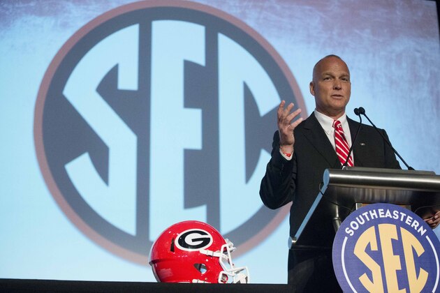 Georgia coach Mark Richt speaks to the media at the Southeastern Conference NCAA college football media days, Thursday, July 16, 2015, in Hoover, Ala. (AP Photo/Brynn Anderson)