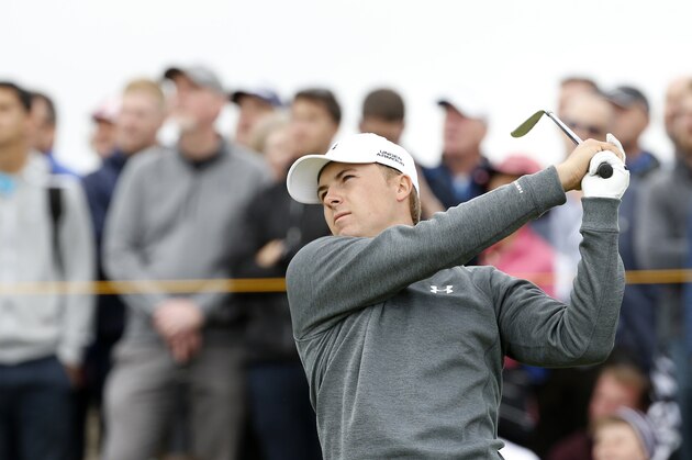 United States’ Jordan Spieth drives from the eighth tee during the first round of the British Open Golf Championship at the Old Course, St. Andrews, Scotland, Thursday, July 16, 2015. (AP Photo/Jon Super)