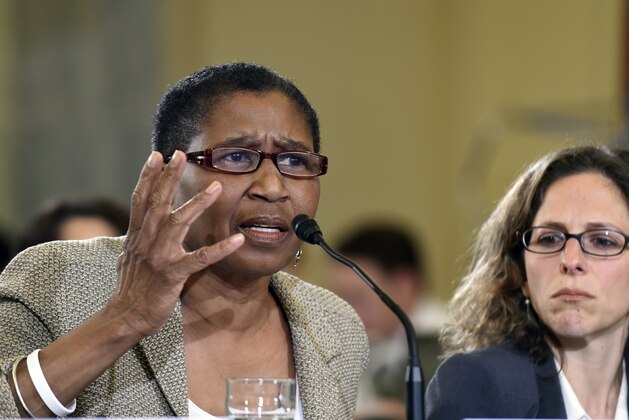 National Basketball Players Association Executive Director Michele Roberts, left, sitting next to National Hockey League Vice President and Deputy General Counsel Jessica Berman, testifies on Capitol Hill in Washington, Tuesday, Dec. 2, 2014, before the Senate Commerce Committee hearing on domestic violence in professional sports. Sen. Jay Rockefeller, the West Virginia Democrat who chairs the panel, says he called for Tuesday's hearing because National Basketball Players Association Executive Director Michele Roberts, left, sitting next to National Hockey League Vice President and Deputy General Counsel Jessica Berman, testifies on Capitol Hill in Washington, Tuesday, Dec. 2, 2014, before the Senate Commerce Committee hearing on domestic violence in professional sports. Sen. Jay Rockefeller, the West Virginia Democrat who chairs the panel, says he called for Tuesday's hearing because